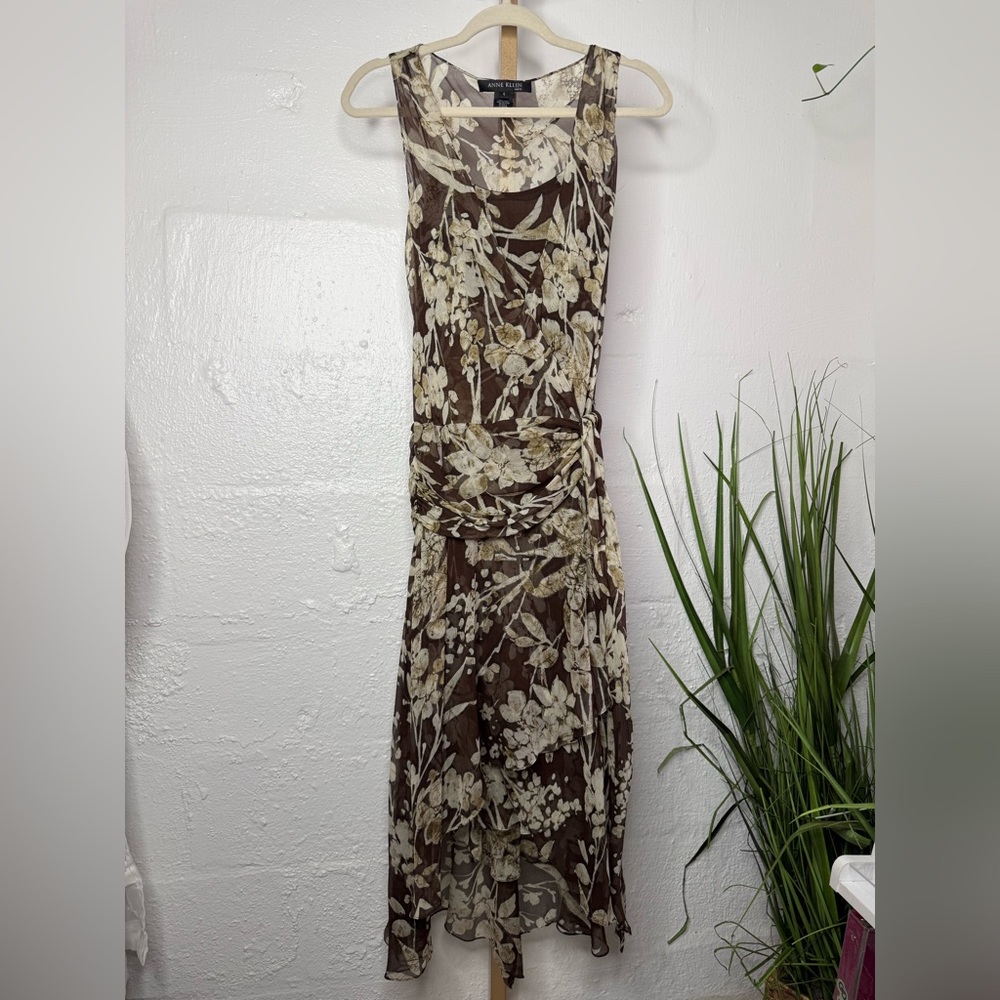 Anne Klein 100% Silk Floral Dress Sleeveless Brown Cream Wrap Waist Midi Dress - Picture 3 of 9
